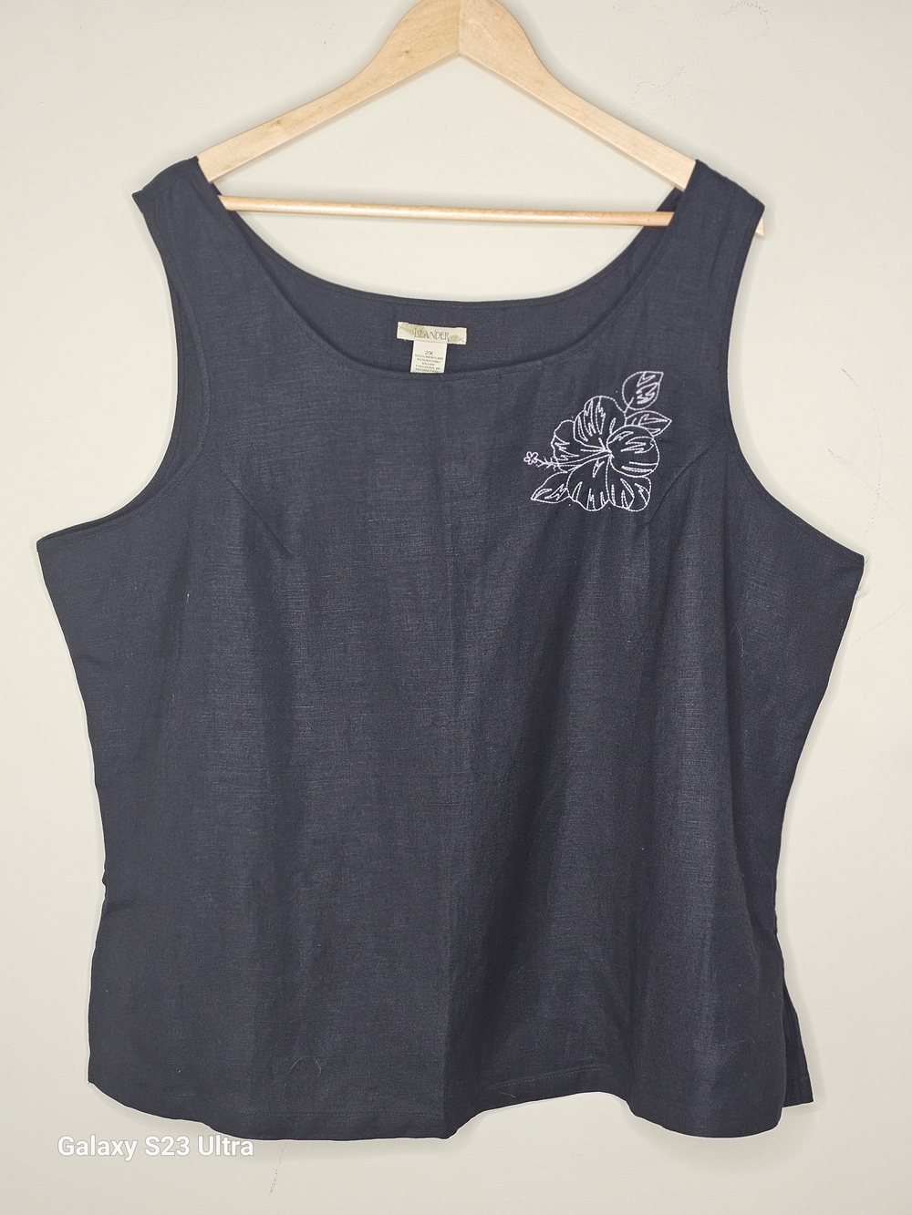 Islander Black Sleeveless Tank Linen Blend with White Floral Embroidery